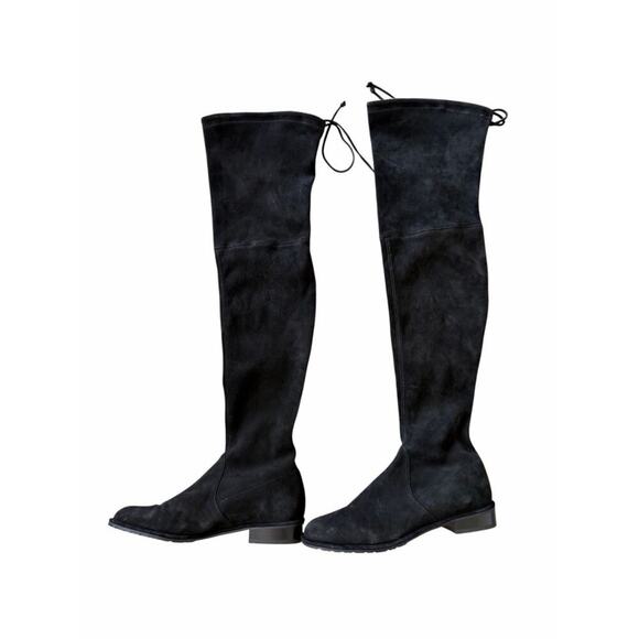 Stuart Weitzman Suede Over The Knee Boots Black Almond Toe Size 6.5 Pull On Styl - Picture 4 of 9